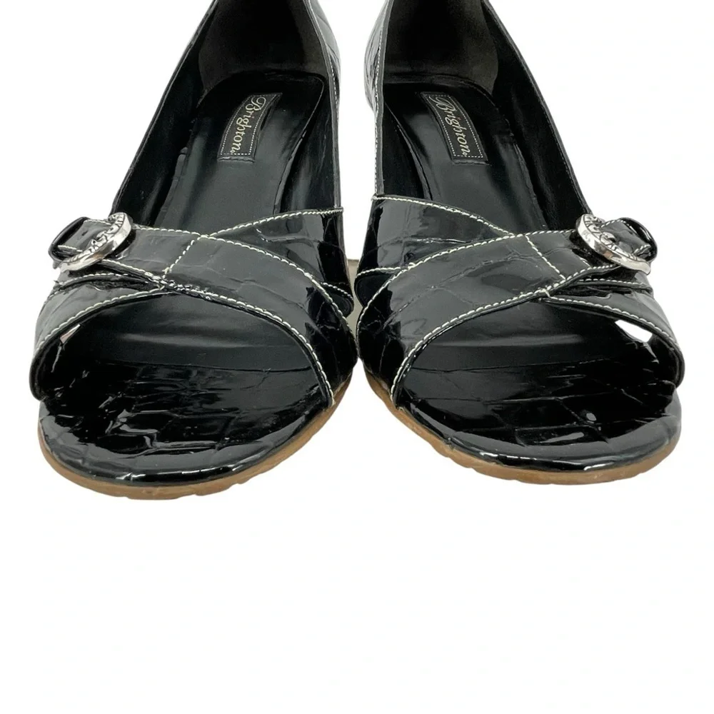 BRIGHTON Black Patent Leather Croc Wedge Peep Toe Corporate Mature Sandal  Sz 10